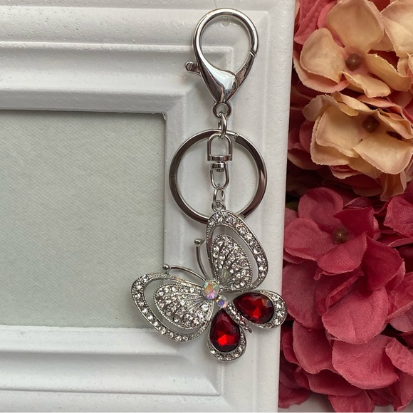 Silver and Ruby Red Crystal Butterfly Keychain Charm - Picture 3 of 16
